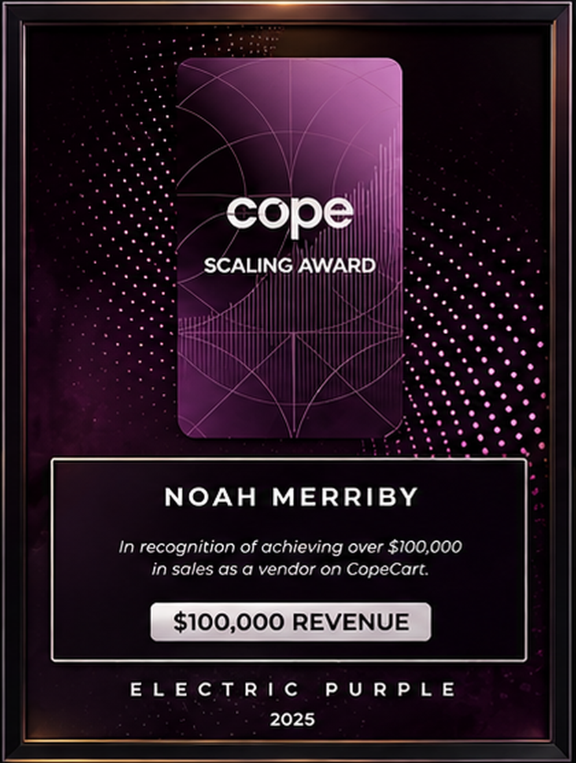 CopeCart Scaling Award Electric Purple presented to Noah Merriby, 2025