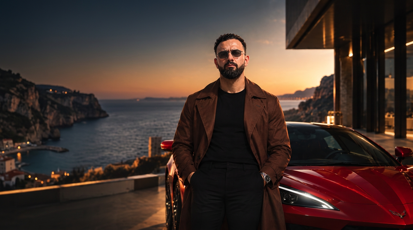 Noah Merriby standing beside a red sports car at sunset overlooking the sea